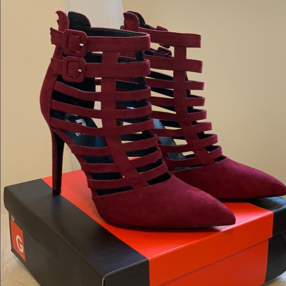 Dark red suede cage pumps